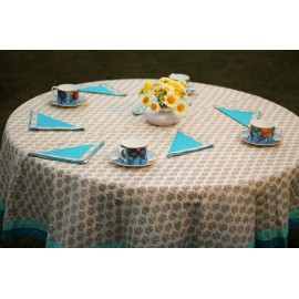 White and blue round table cloth for six