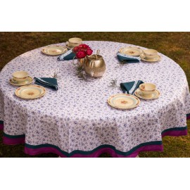 White and purple flower print round table cloth for six