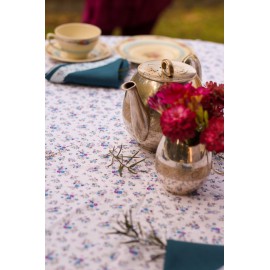 White and purple flower print round table cloth for six