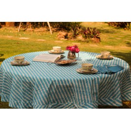 Blue striped round table cloth for six