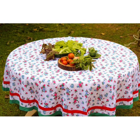 Red, green and white blossom round table cloth for six