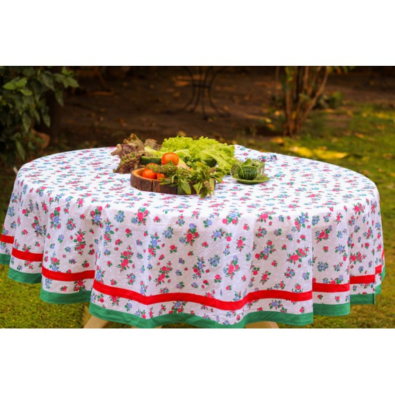 Red, green and white blossom round table cloth for six