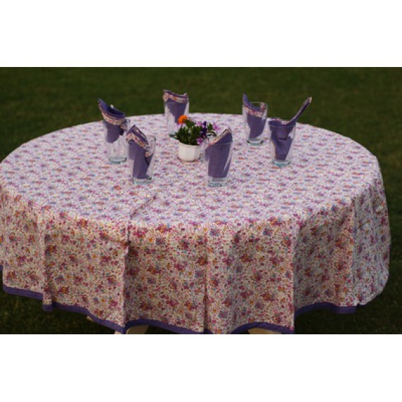 Purple round table cloth for six with matching napkins