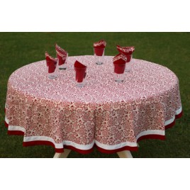 Red and White block printed round tablecloth for six