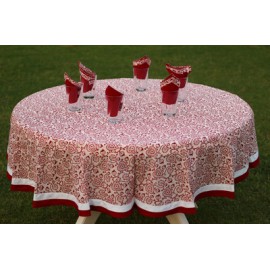 Red and White block printed round tablecloth for six